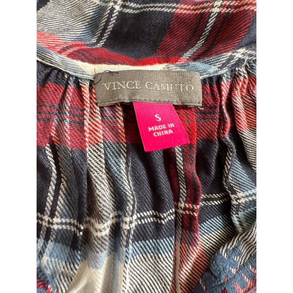 Vince Camuto Plaid Flannel Embroidered Babydoll Top S - Picture 5 of 6